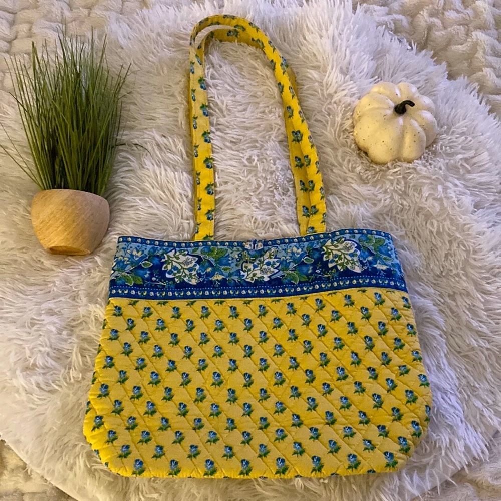 Vera Bradley yellow+blue floral quilted tote with button closure inner pockets